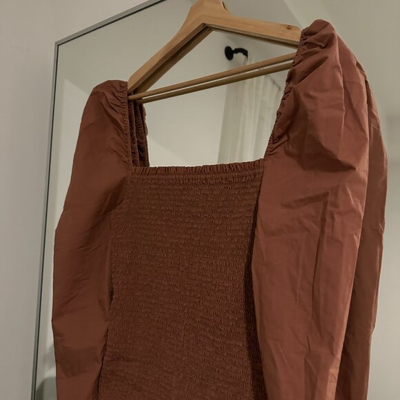 WILFRED ARITZIA Maelys Brown Cotton Poplin Puff Sleeve Smocked Dress | Size Larg - Picture 3 of 9